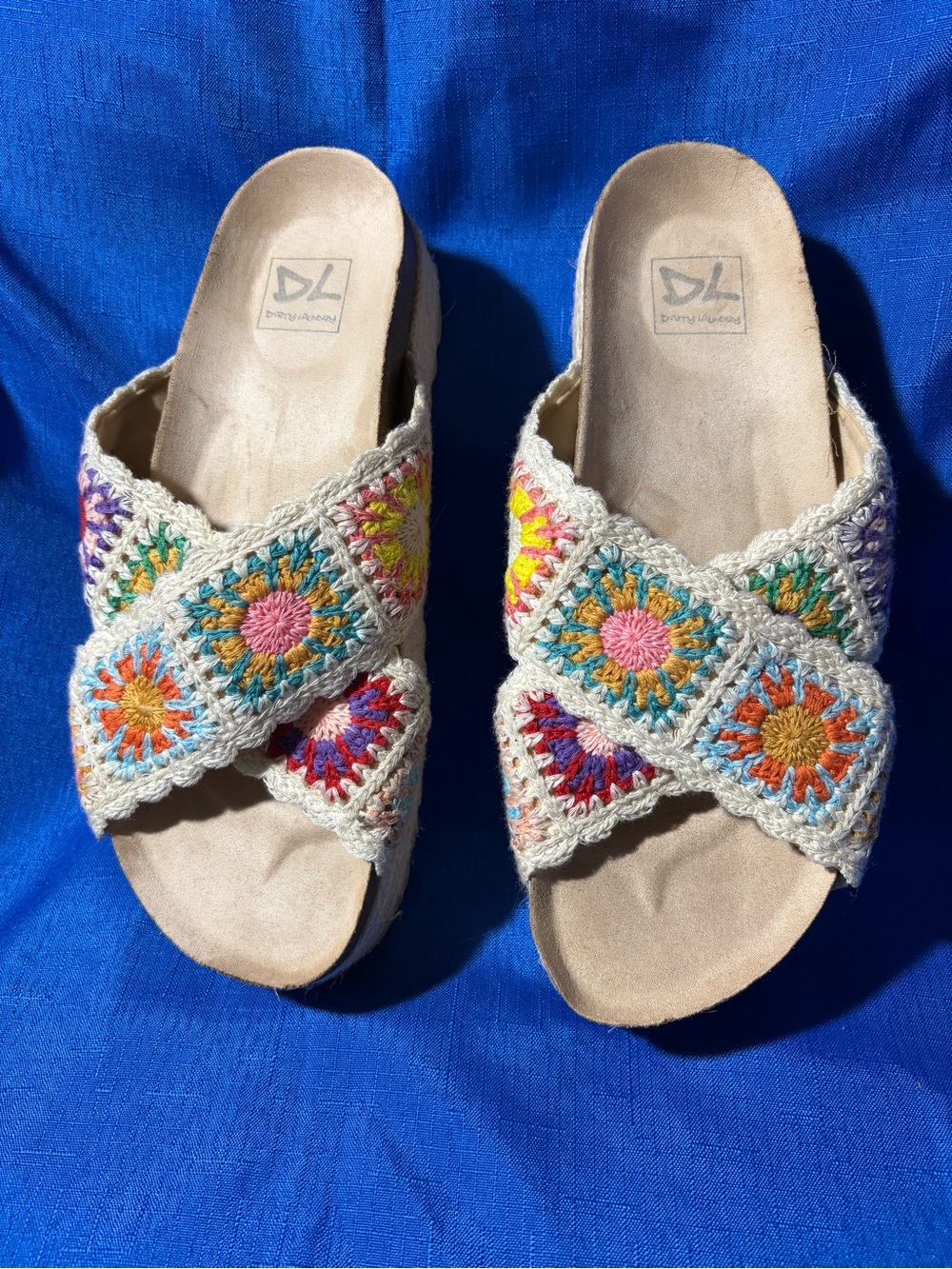 Dirty Laundry beige multicolor crochet platform sandals